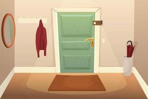 Hallway with locked door, interior with mirror, hanger in cartoon style, cute details with shadow. Stylish modern apartment, background. Vector illustration Apartment Background, Locked Door, Valentine Day Video, House Main Door, Mirror Hangers, Door Interior, Inside Door, Lobby Interior, Interior Illustration