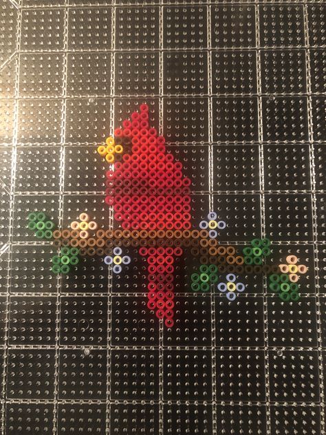 Perler Cardinal, Perler Bead Cardinal, Peeler Bead Ideas Square, Cardinal Pixel Art, Cardinal Perler Bead Patterns, Perler Beads Space, Perler Beads Birds, Perler Decor, Perler Bead Ornaments Pattern