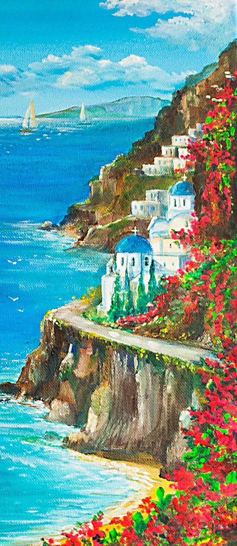 Greece Drawing, Canvas Art For Sale, Greece Painting, Thasos, Greece Art, Canvas For Beginners, Creative Wall Art, Painting Canvases, Sea Wall Art