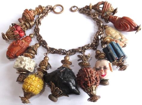 RARE VINTAGE 1930s MIRIAM HASKELL ASIAN CHINESE THEMED WOOD BONE CHARM BRACELET Miriam Haskell Jewelry, Vintage Jewelry Art, Assemblage Jewelry, Miriam Haskell, Gold Necklace Set, Best Jewelry Stores, Bead Charm Bracelet, Jewelry Display, Vintage Jewels