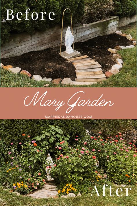 Before and After Flower Garden for Mary! See more inspo pics on this blog post! Making A Garden, Marian Garden, Mary's Garden, Mary Garden, The Blessed Mother, Prayer Garden, Bamboo Trellis, Lenten Rose, Mama Mary