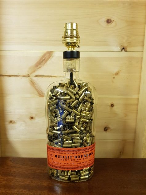 Woodford Reserve Bottle Crafts, What To Do With Old Whiskey Bottles, Whisky Bottle Crafts, Whiskey Bottle Crafts Diy, Bourbon Bottle Crafts, Whiskey Bottle Crafts, Liquor Bottle Lights, Bullet Casing Crafts, Liquor Bottle Lamp