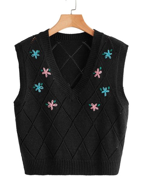 Floral Embroidery Sweater Vest | SHEIN USA Vest Embroidery, Plus Size Knitwear, Fall Plus Size, Sweater Vests, Embroidery Sweater, Sweater Vest Women, Floral Sweater, Crochet Cardigan Pattern, Embroidered Sweater