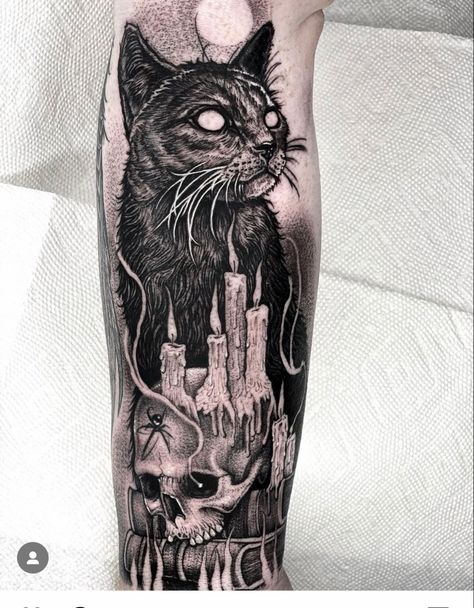 Pet Sematary Tattoo, Dark Feminine Tattoos, Goth Victorian, Surreal Tattoo, Goth Tattoo, Black Cat Tattoos, Creepy Cat, Witch Tattoo, Scary Tattoos