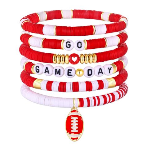 PRICES MAY VARY. It's Game Day Baby! Whether you are watching from home or cheering in the stands, it's time to accessory up in your team colors and get ready to root on your favorite high school, college or pro teams. It features a set of 6 heishi beaded bracelets, adorned with 6mm red and black polymer clay vinyl disc beads and with White & Gold Letter Beads spelling "HAPPY GAME DAY", Wear these red black team color bracelets with your favorite team game day outfits to complete your game day l Clay Vinyl, Sports Crafts, Fan Bracelet, Outfits Jewelry, Color Bracelets, Bracelets Red, Homecoming Games, Football Bracelet, Vinyl Disc