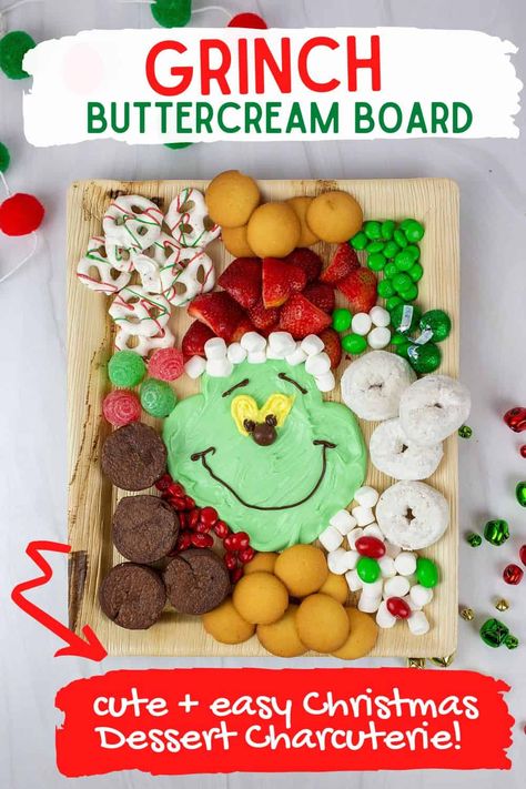 Toddler Charcuterie Board Christmas, Grinch Buttercream Board, Butter Cream Board Christmas, Christmas Kid Charcuterie Board, Santa Dessert Board, Buttercream Charcuterie Boards, Grinch Snack Board, Christmas Buttercream Board Ideas, Buttercream Boards Christmas