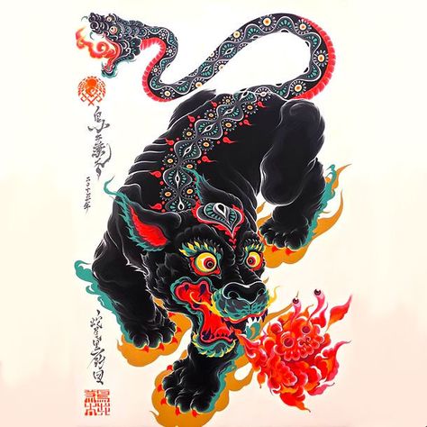 Gorgeous Japanese panther with a snake instead of a tail. Style: Oriental. Tags: Best, Awesome, Great Panther Tattoos, Asian Tigers, Panther Tattoo, Kunst Tattoos, Fu Dog, Japanese Artwork, Japon Illustration, Japanese Tattoo Art, Tiger Tattoo