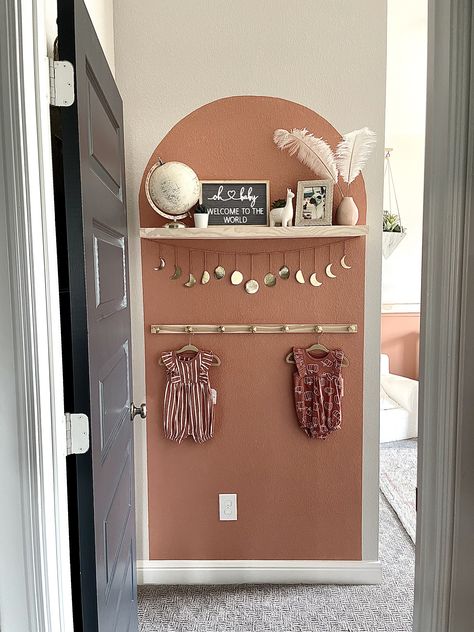 Boho Wall Murals Painted Nursery, Painted Arch Dining Room, Painted Arch Decor, Wall Arch With Shelves, Accent Arch Paint, Painted Arch In Nursery, Arch Accent Wall Nursery, Painted Arch With Shelf, Painted Arch In Kitchen