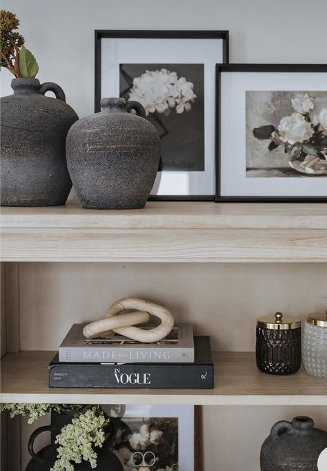 Short Shelf Styling, Styling A Long Shelf, How To Style Open Shelves Living Rooms, Minimalist Shelf Styling Living Room, 5 Shelf Bookcase Decor, Styling Cube Shelves, Modern Shelf Decor Living Room, Neutral Bookshelf Styling, How To Style A Shelf