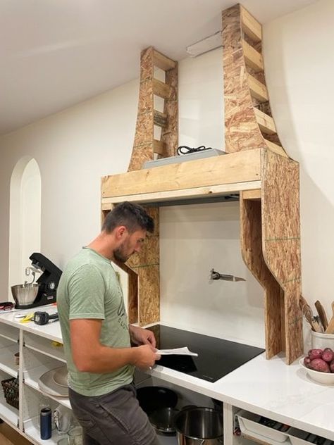 7 Step Guide on how to build our DIY Range Hood - on lakeshore drive Diy Stove Alcove, Square Hoods Kitchen, Arched Stove Hood, Build Range Hood Cover, Diy Shiplap Range Hood Cover, Vent Hood With Vaulted Ceiling, How To Build A Hood Vent Cover, Range Hood With Shelves, Kitchen Cooker Hood Ideas