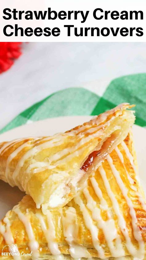 With just strawberry jam, cream cheese, and puff pastry you to can make a tasty strawberry cream cheese turnover that's perfect for brunch! A simple glaze on top makes these treats irresistible and you won't be able to wait to sink your teeth into these tasty breakfast pastries. Strawberry Cream Cheese Puff Pastry Recipes, Cream Cheese Turnovers, Cheese And Puff Pastry, Pastry Turnovers, Cheese Turnovers, Breakfast Danish, Puff Pastry Cream Puffs, Cream Cheese Pastry, Bakery Treats