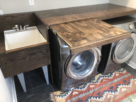 Laundry Room Design Pull Out Laundry Table, Pull Out Laundry Folding Shelf, Utility Sink Folding Table, Hinged Folding Table Laundry Room, Folding Table Ideas For Laundry Room, Laundry Room Collapsable Folding Table, Fold Out Laundry Table, Collapsible Folding Table Laundry Rooms, Laundry Room Fold Down Table