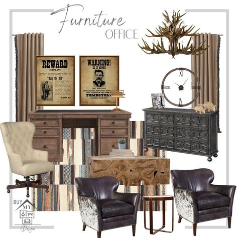 Feel the spirit of the Yellowstone Ranch or the West with this rustic western office interior. Explore luxury, quality furniture, and home decor from the comfort of your own home. Our designer brand is curated with room collections meant to turn your home into the perfect oasis. Shop designer collections now and bring the warmth of the wild west into your home.

You can mix and match, purchase by the piece or the whole room.

Curate YOUR space, with Buy My Home Design Western Office Ideas For Men, Rustic Office Chair, Western Office Decor Ideas Ranch, Modern Western Office Decor, Western Rustic Home Decor Ranch Style, Yellowstone Interior Design, Rustic Cabin Office, Yellowstone Decor Home, Western Office Decor Ideas