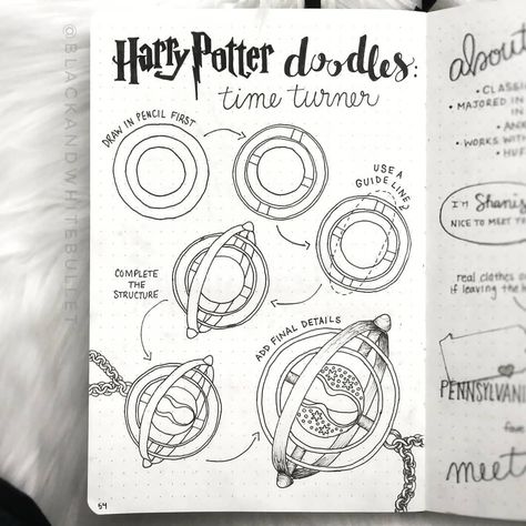 How to draw a time turner! 💕 😲⁣ 📷 @blackandwhitebullet⁣ ⁣ .⁣ Share your creations using #thestationerybooth⁣ 💕 Shop our cute stationery, notebooks, washi and more using the link in the bio: @thestationerybooth with free shipping worldwide 💌🌍⁣ .⁣ .⁣ .⁣ #bujo #bulletjournal #art #doodle #drawing #planneraddict #planner #washitape #studygram #study #stickers #journal #bulletjournaling #stationery #stationeryaddict #stationerylove #studyblr #planneraddict Harry Potter Doodles, Harry Potter Notebook, Harry Potter Sketch, Harry Potter Journal, Art Harry Potter, Harry Potter Art Drawings, Harry Potter Painting, Buku Harry Potter, Potter Art