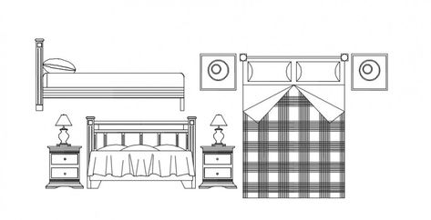 Traditonal cocnept of beds, front and top view details dwg file Bed Top View, Bed Blocks, Four Post Bed, Master Room, Bed Plans, Types Of Furniture, Top View, King Size Bed, Double Beds