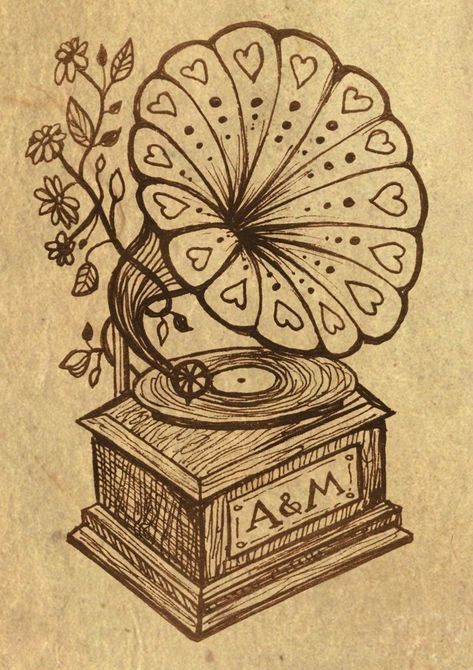 Record Player Tattoo, Gramophone Tattoo, Vintage Record Player, Old Records, Record Player, Sarah J, Record Store, Cool Art Drawings, Line Art Drawings