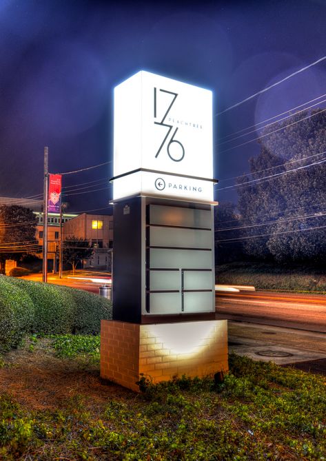 The signage for this boutique office building was designed to be as unique as the building. From the large lighted monument out front, to the interior signage and graphics package, a sleek modern look was a must. Monument Signage, Boutique Office, Pylon Signage, Hotel Signage, Illuminated Signage, Wayfinding Signage Design, Restaurant Exterior, Architectural Signage, Monument Signs