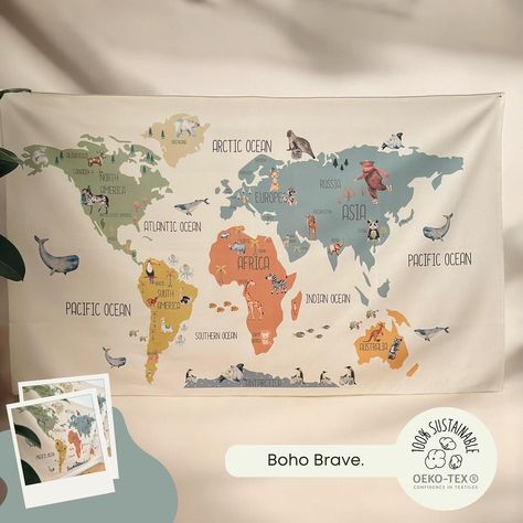 Little explorers with big dreams! 🌍✨ Let their imagination take them on adventures across the globe, from the highest mountains to the deepest oceans. Every corner of the world is waiting to be discovered—one step, one dream, one map at a time! 🗺️💫 #DreamBig #LittleAdventurers #ExploreTheWorld Tapestry Nursery, World Map Tapestry, Map Tapestry, Nursery Wall Hanging, Fabric Tapestry, Educational Wall Art, Small Wall Hangings, Room Tapestry, Big Dreams