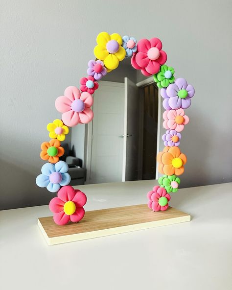 Finished 🩷 Flower Mirror Diy, Clay Mirror, Graduation Wallpaper, Foam Clay, Art Mirror, Flower Mirror, Handmade Mirrors, Balloon Gift, Pottery Crafts