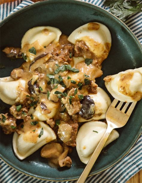 Beef Stroganoff - Mrs. T's Pierogies Perogie And Ground Beef Casserole, Perogies With Ground Beef, Perogies And Ground Beef, Ground Beef And Pierogies Recipes, Dinner With Perogies, Mrs T’s Pierogies Recipes, Beef And Perogies, Ground Beef And Perogies, Perogie Dinner Ideas Dishes