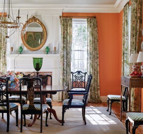 Arriving Home by James Farmer - Southern Home Magazine James Farmer Interiors, Orange Interiors, James Farmer, Do It Yourself Decoration, Orange Rooms, Wallpaper Interior Design, Interior Design Color, Orange Decor, Traditional Dining Room