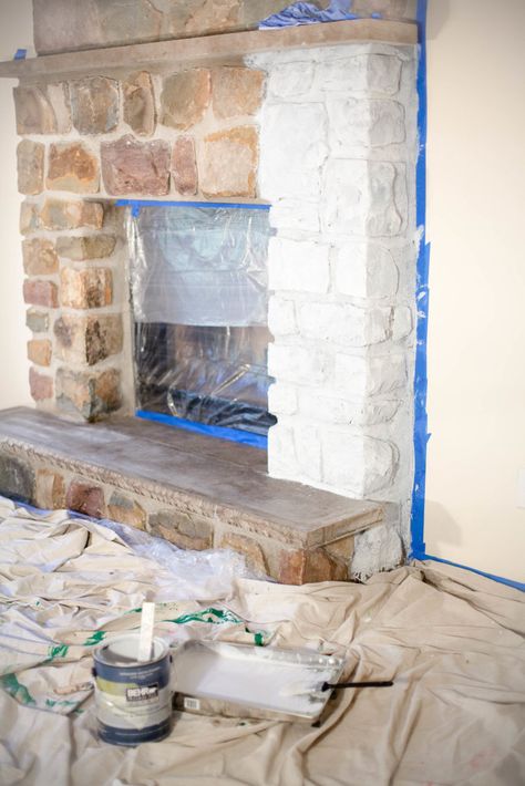 How To Whitewash A Stone Fireplace | Coffee With Summer Coffee Fireplace, Painted Rock Fireplaces, Whitewash Stone Fireplace, Diy Stone Fireplace, Painted Stone Fireplace, Grey Stone Fireplace, White Stone Fireplaces, Stone Fireplace Makeover, How To Whitewash