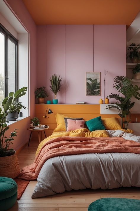 30 Colorful Minimalist Bedroom Ideas You Must Try One » Comfy Ideas Colorful Bedroom Paint Ideas, Colour Pop Bedroom, Bright Bedroom Paint Colors, Bold Colour Bedroom, Coloured Bedroom Ideas, Small Colorful Bedroom, Cosy Colourful Bedroom, Colorful Bedding Aesthetic, Colored Walls Bedroom