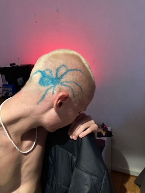 Bald Painted Hair, Halloween Hair Buzzcut, Bald Bleach Hair Designs, Head Designs Shaved, Skull Hair Design, Dyed Hair Designs Shaved Head, Buzz Colored Hair, Dyed Hair Shaved Head, Buzzcut Bleach Men