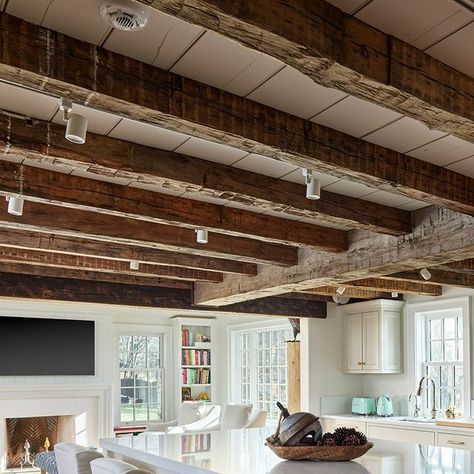 E.C.Trethewey Building Contractors on Instagram: "A newly finished project has finally graced the front of the camera! 😍 The exposed beams and simple light colors really create a cozy feel in this kitchen.  #teamtrethewey #ectbuilders #recentwork #malvern #historichome #renovation" Kitchen Lighting With Beams, Exposed Ceiling Joists Kitchen, Exposed Beam Lighting, Exposed Beam Kitchen, Exposed Chimney In Kitchen, Exposed Beams In Kitchen, Southwestern Style Kitchen, Lofted Ceiling, Low Ceiling Kitchen