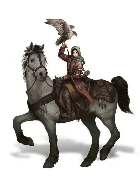 Female Halfling Ranger - wearing a green scarf over head and brown coat, riding a white horse and holding a falcon(?) on wrist, with a bow in case at side. Metal Couture, Concept Art World, Digital Art Gallery, Guild Wars, Green Dragon, Rpg Characters, Animal Companions, High Fantasy, Fantasy Rpg