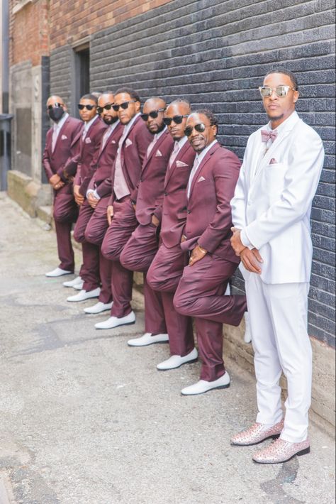 #rosegoldwedding #burgundywedding #ivorywedding #fallwedding #grooms #dustyrosewedding #blackweddingshoes #rosegoldspikeshoes #rosegoldshoes #blackmenwithstyle #blackmensfashion Rose Gold Groomsmen Attire, Gold Groomsmen Attire, Rose Gold Groomsmen, Groomsmen Burgundy, Bridesmaids Robes Pictures, Blush Pink And Black Wedding, Bridesmaids Pictures, Black Wedding Shoes, Men Attire