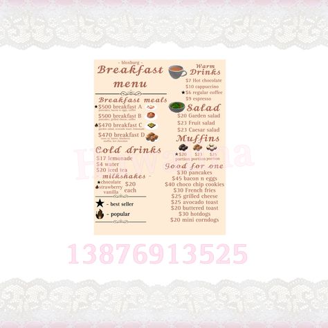 Bloxburg menu decal breakfast cafe roblox aesthetic decals png transparent image picture code roblox codes Bloxburg Breakfast Menu Codes, Bloxburg Recipe Decal Codes, Bloxburg Recipe Decals, Bakery Bloxburg, Bloxburg Town Layout Small Plot, Blocksburg Ideas, Bloxburg Painting, Bloxburg Cafe, Resturant Menu