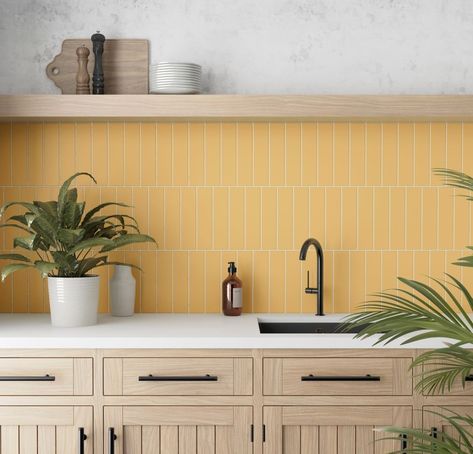 Yellow Tile Kitchen, Yellow Kitchen Tiles, White Ikea Kitchen, First Apartment Decorating, Yellow Tile, Kitchen Backsplash Designs, Studio Kitchen, Yellow Kitchen, Uk Kitchen