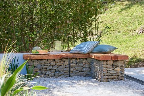 How to build rock retaining wall for your garden | Better Homes and Gardens Gabion Baskets Ideas, Gabion Bench, Gardens Australia, Gabion Retaining Wall, Rock Retaining Wall, Animal Garden, Gabion Baskets, Gabion Wall, Paving Slabs