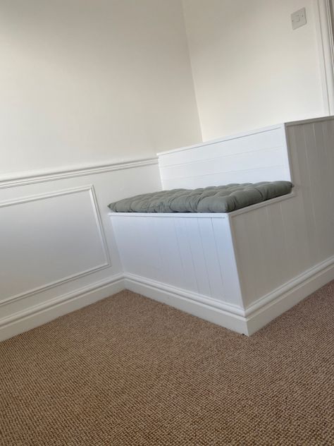 Bulkhead bench seating with panelling Staircase Box Ideas, Bulkhead Stairs Ideas, Over Stairs Bulkhead Storage Ideas, Box Room Stairs Bulkhead, Bulkhead Office Ideas, Box Room Over Stairs Storage Ideas, Box Over Stairs In Bedroom, Over The Stairs Box Room, Stair Bulkhead Ideas Office