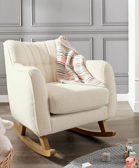 Boucle Rocking Chair Nursery, Soft Rocking Chair, White Nursery Chair, Feeding Chair Nursery, Nursery Room Chair, Boucle Nursery Chair, Boucle Rocking Chair, Nursing Chair Corner, Nursery Chair Ideas