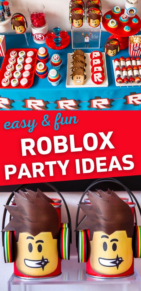 Roblox party Roblox Birthday Party Favor Ideas, Roblox Party Bags, Roblox Themed Birthday Party Decoration, Roblox Party Theme Ideas, Roblox Party Favors Ideas, Roblox Birthday Party Favors, Birthday Roblox Party Ideas, Roblox Dessert Table, Roblox Theme Birthday Party Ideas