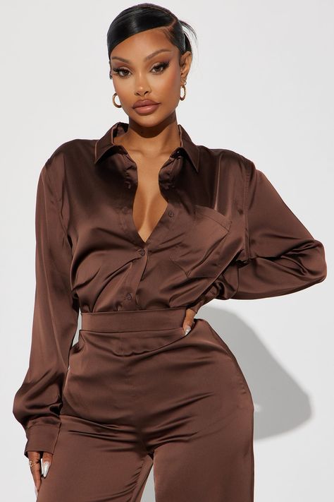 Available In Marsala, Chocolate, And Blue. Satin Pant Set Over Size Shirt Collar Long Sleeve Button Up Chest Pocket Wide Leg Pant Back Elastic Waistband Non-Stretch Inseam: 32 3/4" Shell: 100% Polyester Imported | Makenzie Satin Pant Set in Chocolate Brown size XL by Fashion Nova Over Size Shirt, Satin Pants Outfit, Satin Pant, Chocolate Fashion, Brown Satin, Satin Pants, Over Size, Satin Shirt, Wide Leg Pant