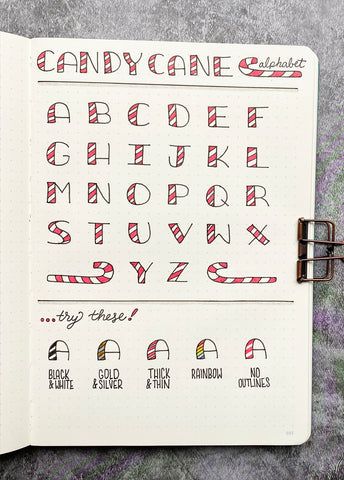 Bullet Journal Holiday Candy Cane Alphabet – Faber-Castell USA Bullet Journal Lettering, Christmas Fonts Alphabet, Bullet Journal Christmas, Bullet Journal Titles, December Bullet Journal, Journal Lettering, Bullet Journal Font, Christmas Writing, Journal Fonts