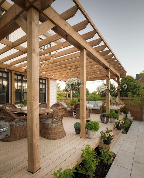 7 Pergola Ideas for Your Unique Outdoor Haven - Matchness.com Outdoor Patio Ideas Backyards, French Country Interiors, Outdoor Space Design, Patio Deck Designs, Pergola Ideas, Pergola Attached To House, Wood Pergola, Deck Projects, Wooden Pergola