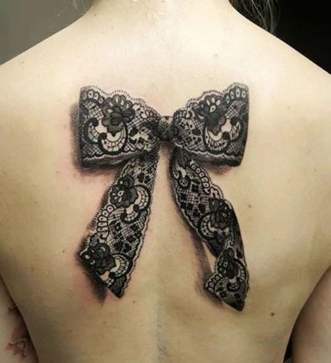 Cool 3D bow tattoo on a girls back Lace Bow Tattoos, Tatoo 3d, Bow Tattoo Designs, Lace Tattoo Design, Hyper Realistic Tattoo, Tattoo Shoulder, Ribbon Tattoos, Bow Tattoo, Thigh Tattoos