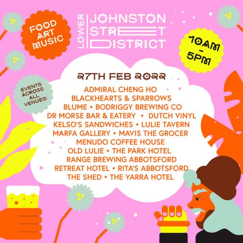 Lower Johnston Street District on Behance Festival Graphic Design, Food Festival Poster, Colorful Festival, Event Promo, Festival Flyer, Illustration Animation, Victoria Park, Social Media Design Inspiration, Design Grafico