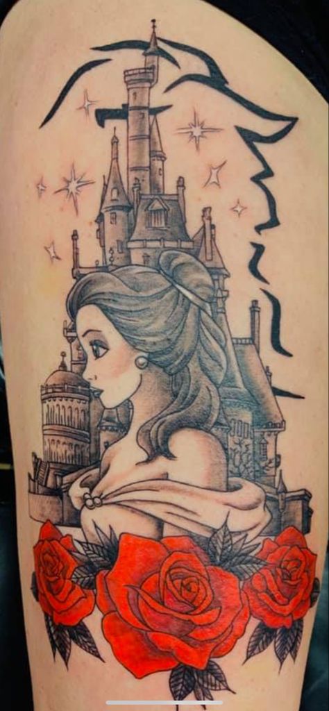 Disney Tattoos For Daughter, Awesome Disney Tattoos, Beauty And The Beast Sleeves, Disney Beauty And The Beast Tattoo, Beauty The Beast Tattoos, Beauty And The Best Tattoo, Beauty And The Beast Tattoo Ideas, Beauty And The Beast Sleeve Tattoo, Beauty And The Beast Castle Tattoo