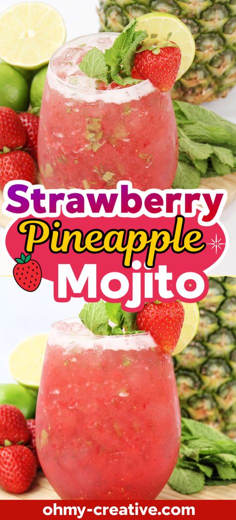 This Strawberry Pineapple Mojito recipe is the perfect summer cocktail and will become one of your favorite mojito recipes! The combination of mint, lime, and rum is refreshing and delicious, and the addition of pineapple and strawberry gives it a fruity twist. Strawberry Mint Mojito Recipe, Pineapple Mojito Recipe, Pineapple And Strawberry, Homemade Slushies, Popular Mixed Drinks, Mojito Recipes, Vodka Mixed Drinks, Fruity Mixed Drinks, Drunken Sailor