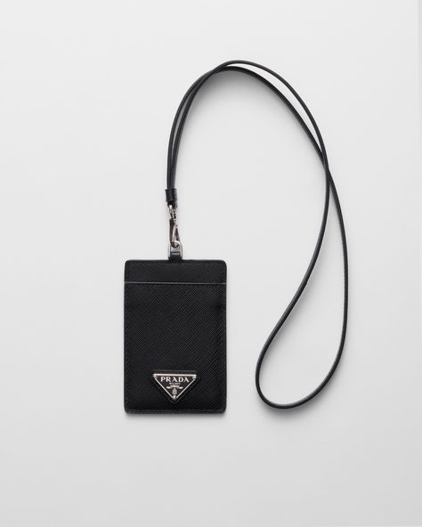 Enameled metal triangle logo Two card slots Moire lining Detachable, Saffiano leather neck strap Leather Badge Holder, Small Business Packaging Ideas, Small Business Packaging, Prada Saffiano, Androgynous Fashion, Triangle Logo, Badge Holder, Id Holder, Neck Strap