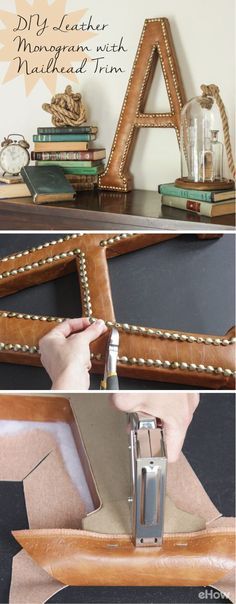 Monograms are a timeless piece of decor that can be stylishly incorporated into wall galleries, bookshelves, mantels and desks. Reminiscent of upholstered leather wing chairs, this version adds a bit of masculine flair with rich-looking leather and shiny brass nails, and would lend a bit of library chic to any space. DIY instructions here: http://www.ehow.com/how_12340567_diy-leather-monogram-nailhead-trim.html?utm_source=pinterest.com&utm_medium=referral&utm_content=inline&utm_campaign=fanp... How To Monogram, Leather Wing Chair, Diy En Cuir, Leather Monogram, Diy Living Room Decor, Diy Event, Party Foods, Superbowl Party, Decorative Letters