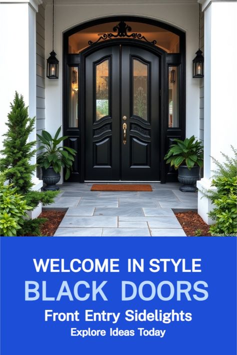 Black Doors Exterior Front Entry Glass Door Design Exterior, Black Trim And Doors Interior, Black Exterior Doors Front Entry, Black Doors Exterior Front Entry, Front Entry Ideas, Statement Front Door, Doors With Sidelights, Black Exterior Doors, Entry Door With Sidelights