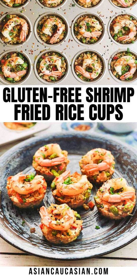 Gluten-free and full of flavor, these Shrimp Fried Rice Cups are a cinch to make. Grab your muffin tin because you can make these easy, gluten-free Shrimp Fried Rice Cups with lots of shortcut options! Enjoy as a game day snack or serve this easy seafood appetizer at your next dinner party or holiday party. #muffintinrecipe Gluten Free Shrimp, Asian Food Appetizers, Rice Cups, Asian Seafood, Asian Appetizers, Healthy Low Calorie Meals, Shrimp And Rice, Shrimp Fried Rice, Easy Seafood