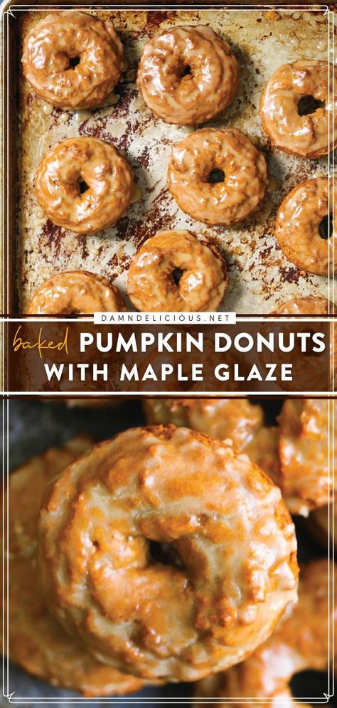 Homemade Donuts Recipe, Baked Donut Recipes, Fall Baking Recipes, Pumpkin Recipe, Pumpkin Recipes Dessert, Homemade Donuts, Maple Glaze, Baked Donuts, Donut Glaze