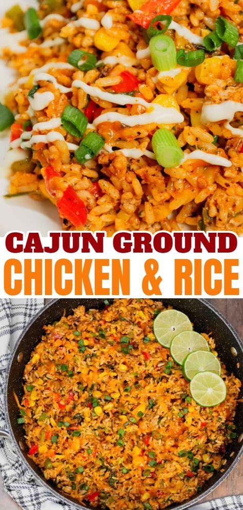 Cajun Ground Chicken and Rice is an easy weeknight dinner recipe loaded with long grain and wild rice, ground chicken, diced bell peppers, corn, chopped spinach, Cajun seasoning, green onions, ranch dressing and cheddar cheese. Dinner Ideas With Ground Chicken, Ground Chicken And Rice Recipes, Ground Chicken And Rice, Ground Chicken Casserole, Long Grain And Wild Rice, Cajun Chicken And Rice, Ground Chicken Tacos, Honey Bbq Chicken, Cajun Dishes